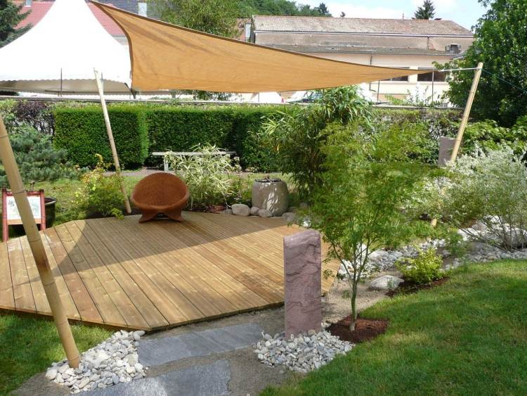 Feng Shui trädgård design trä terrass-fristående-sol segel
