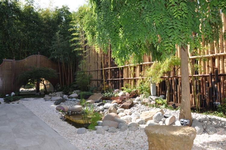 Feng Shui trädgård ram skyddande staket bambu stolpe stenar