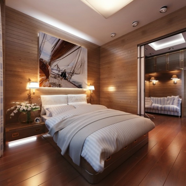 Sovrum design trä vägglampor säng position