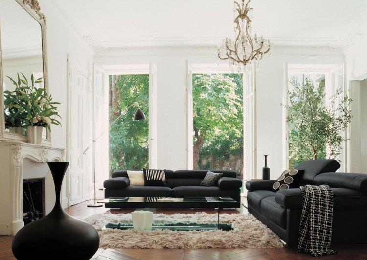 feng-shui-vardagsrum-tips-svarta-möbler-växter-franska-fönster