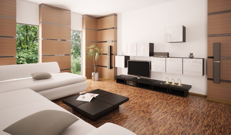 feng shui vardagsrum-stora-fönster-träpaneler-minimalistisk
