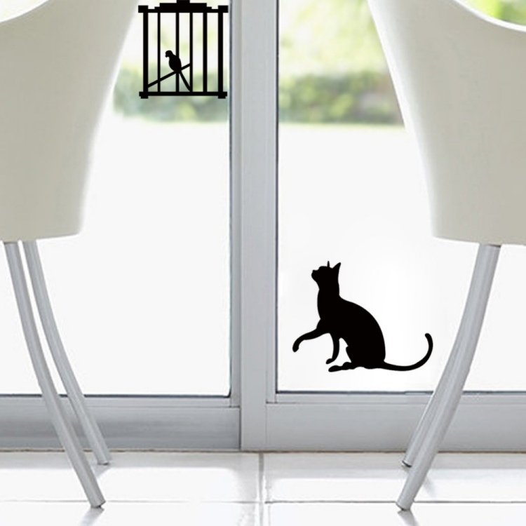 fönster-dekoration-tinker-katt-stick-på-siluett-svart-fågel-bur