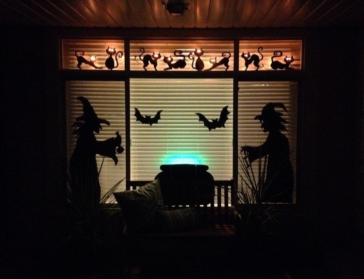 Fönsterdekorationer för höst- och halloweenfönsterbilder-häxor-kock-svart-katt-ljus