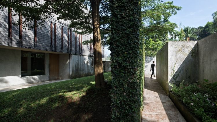 fritidshus av trä skog perfekt tillflyktsort helg hus träbeklädnad glas fasad växter bakgård betongvägg