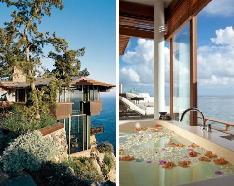 Semesterlägenhet vid havet -dekorera-hus-glas-badkar-romantisk-trä-sten-utsikt