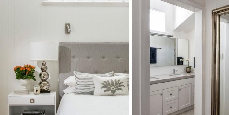 semesterlägenhet-havsinredning-sovrum-badrum-vit-grå-kudde-sängbord