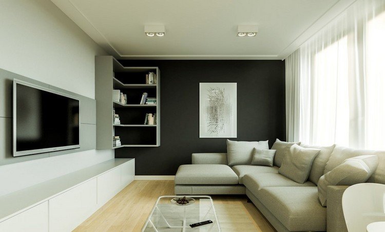 TV-väggmonterat-vardagsrum-väggpaneler-hyllor-svart accentvägg