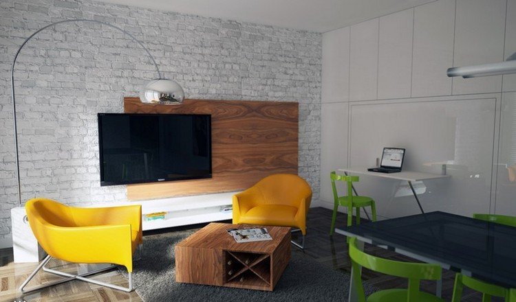 TV-väggmonterad-vardagsrum-vägg-design-tegel-look-träpaneler