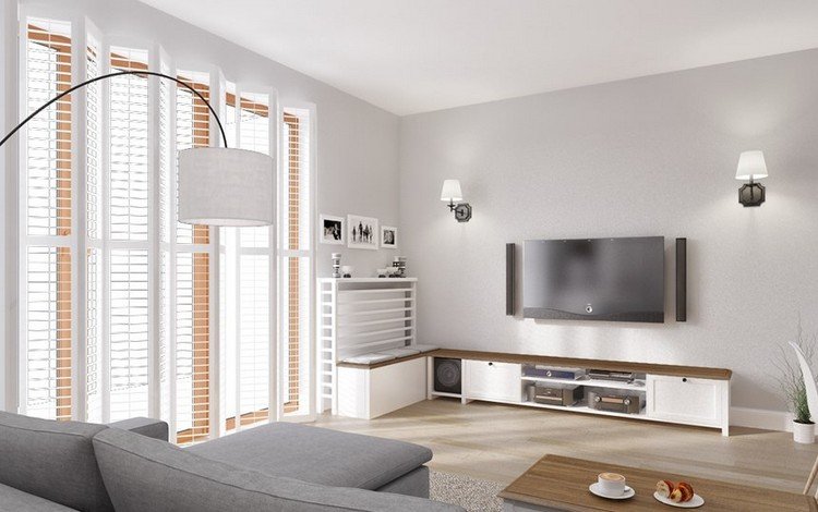 TV-väggmonterat-vardagsrum-siden-grå-väggfärg-lowboard