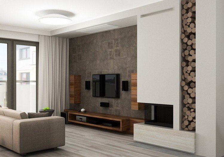 TV-väggmonterat-vardagsrum-trä-skänk-högtalare