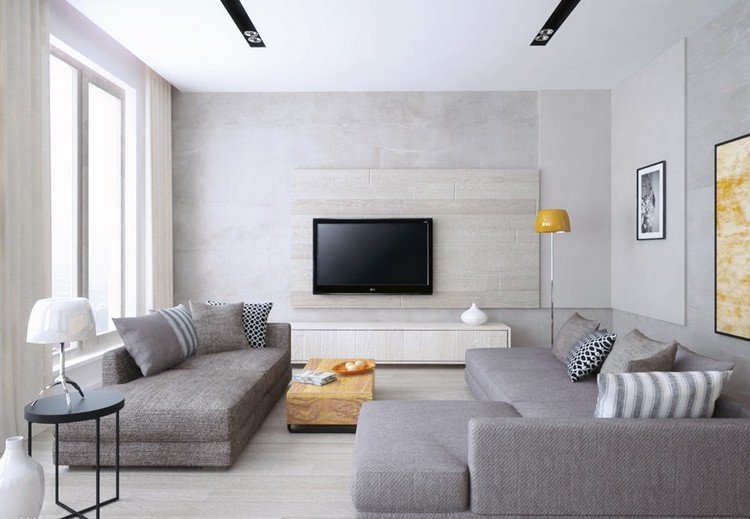 TV-väggmonterat-vardagsrum-grå-strukturella färg-väggpaneler-grå-soffa