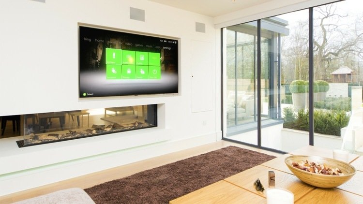 tv på väggen partition-design-öppen spis-interiör-vardagsrum
