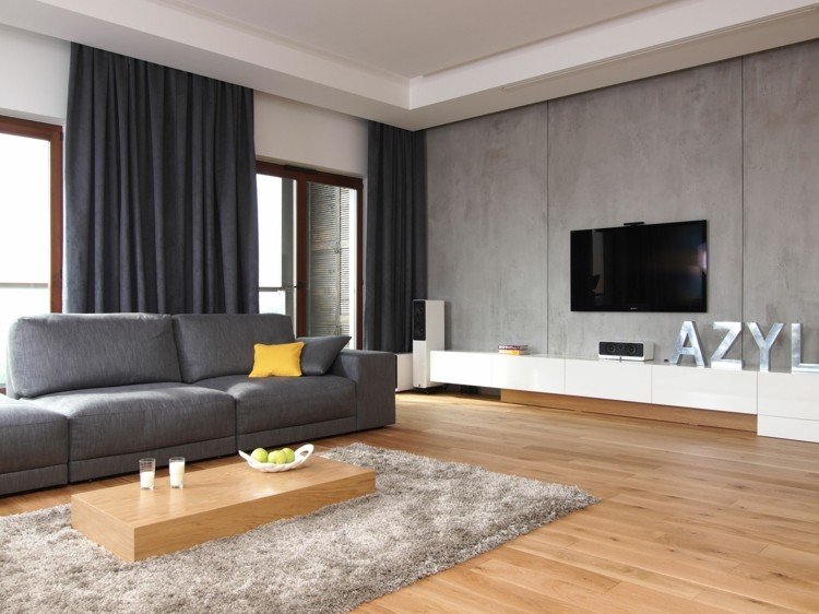 tv-väggidéer betong-vägg-monokrom-inredning-minimalistisk-vit-lowboard