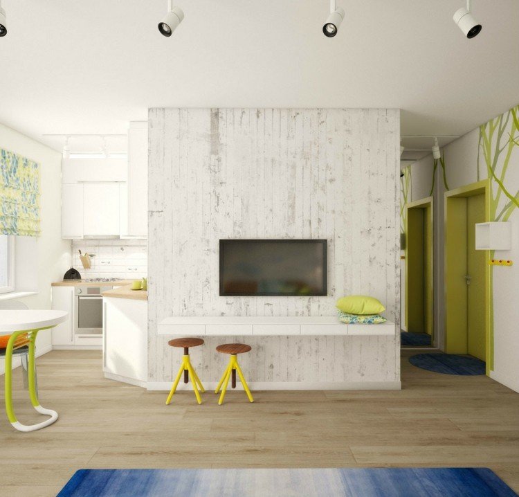 tv-vägg-idéer-shabby-stil-modern-grön-accenter-vit-blå-matta-ombre