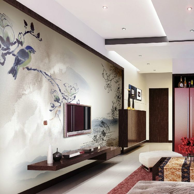 tv-vägg-idéer-tapeter-dekorera-japan-stil-vardagsrum