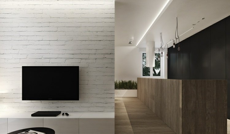 tv-vägg-idéer-lowboard-tegel-vägg-design-vit-färg