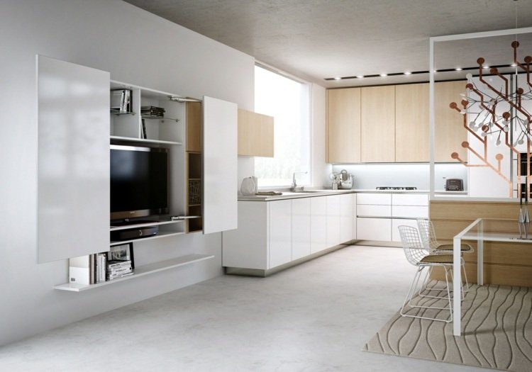 tv-vägg-idéer-moderna-vardagsrum-kök-vita-möbler-skåp-dörrar
