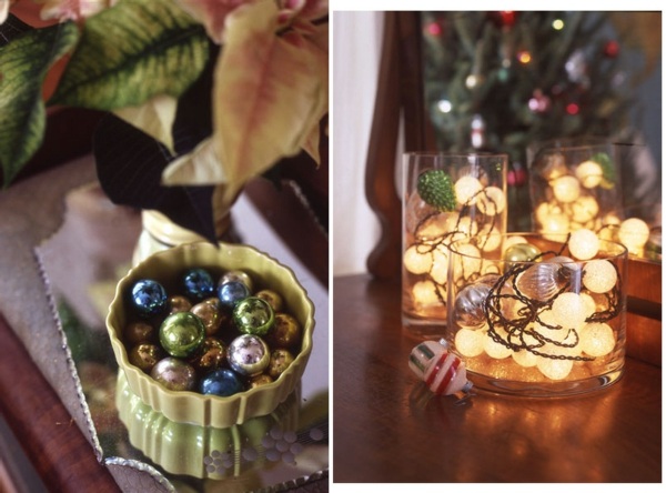 Adventssäsongsljus, syltburkar, färgglada bollarrangemang