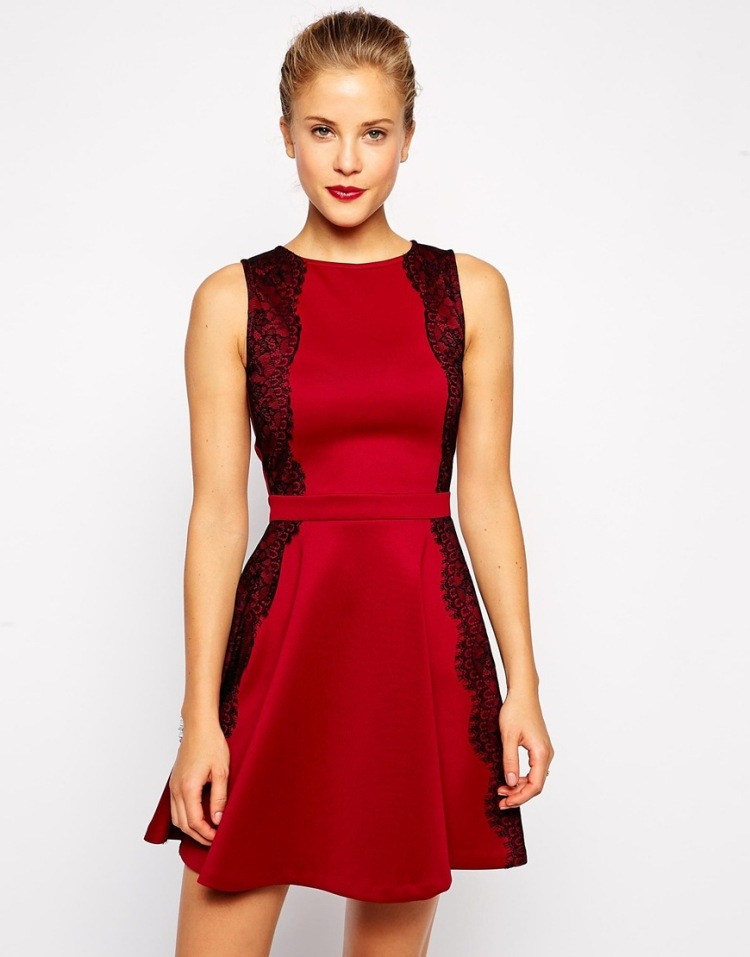 Röda klänningar till julens svarta spetspaneler polyester