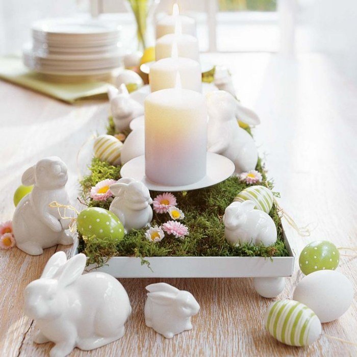 Påskbord-dekoration-med-ljus-vita-pelare-ljus-påsk-kanin-mossa-arrangemang