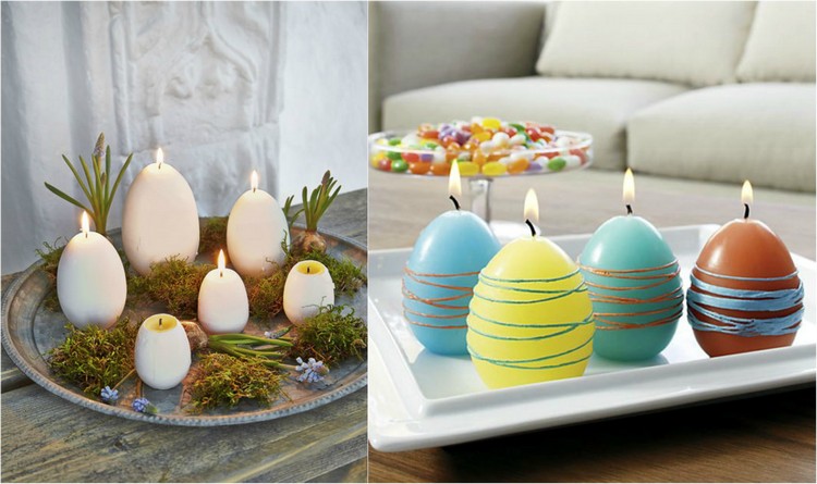 bordsdekoration-påsk-äggformade-ljus-färgglada-vita-brick-arrangerade