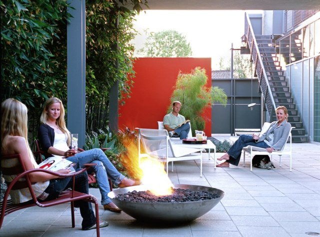 Sittande eldskål kol ställa upp grillplats