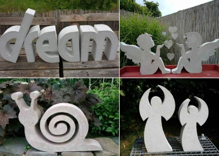 Moderna trädgårdsdekorationer av byggnadsbetong eller hantverksbetong - änglar, sniglar, bokstäver