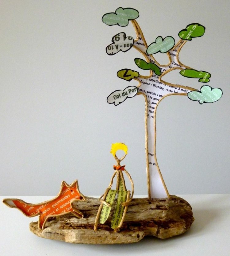 Tinkerfigur ur papperstråd med räv och träd