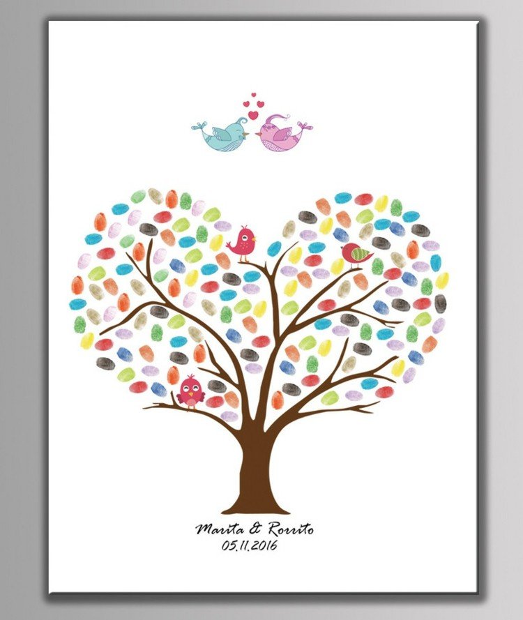 fingeravtrycksbilder träd-krona-hjärta-färgglada-fåglar-bröllop-kärlek