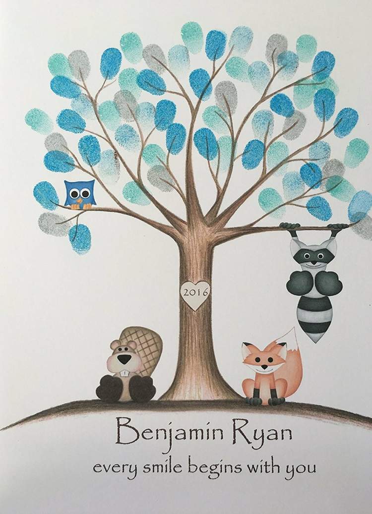 fingeravtrycksbilder födelsedag-träd-löv-blå-räv-uggla-bäver-tvättbjörn