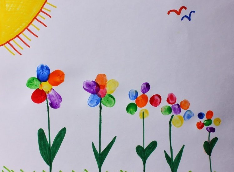 fingeravtryck-bilder-barn-landskap-blommor-trädgård-sol-fåglar