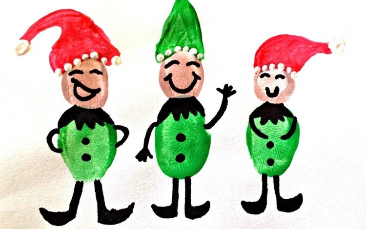 fingeravtryck-bilder-tomtar-jul-röda-gröna-barn-tinker-idéer
