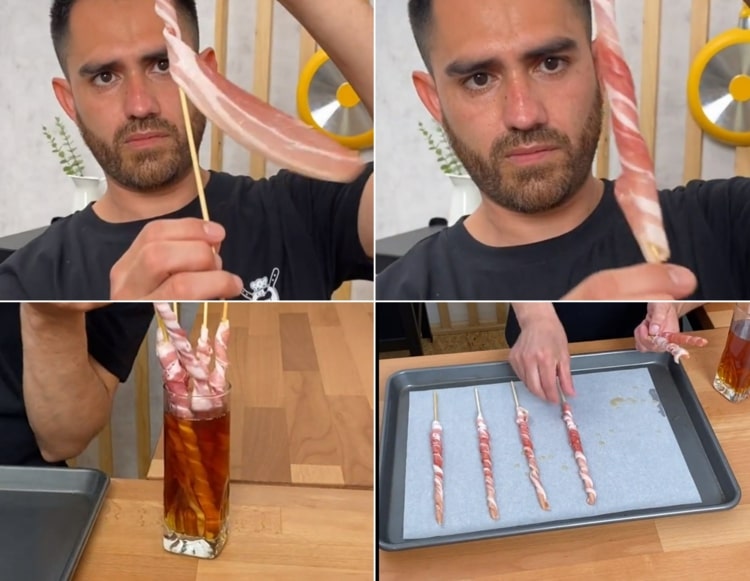 Fingerfrukost på spett - linda bacon runt ett kebabspett och baka