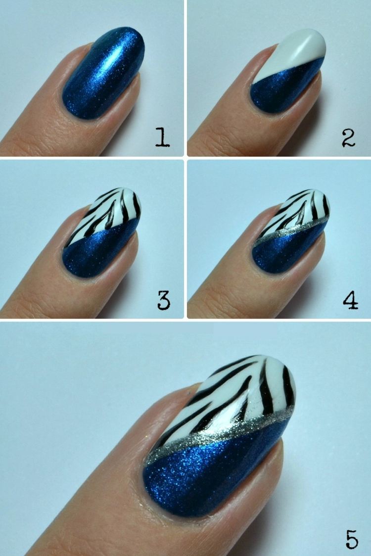 naglar design blå glitter zebra silver rand idé