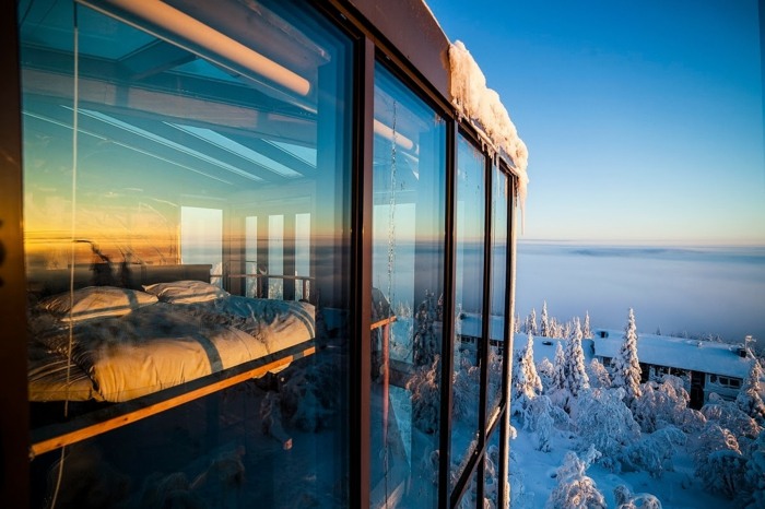 hotell utsikt sovrum lägenhet skog vintersemester finland