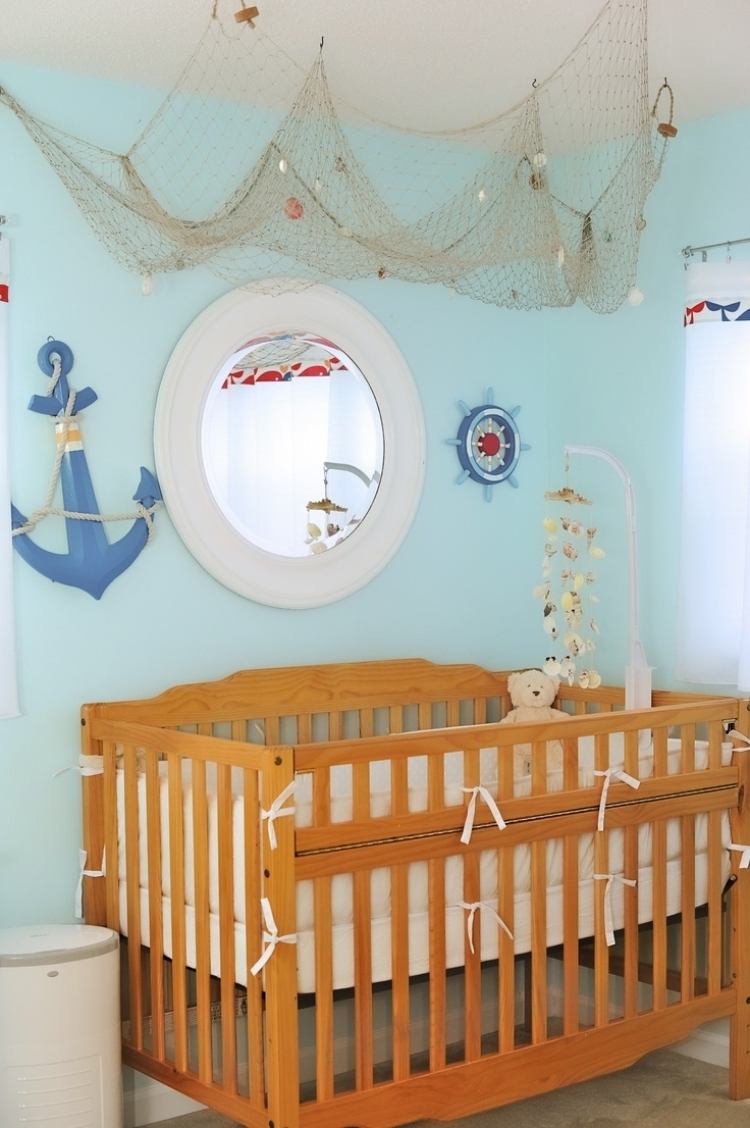 Fiskenätdekoration barnrum-filt-trä-babysäng-aqua blå-väggfärg