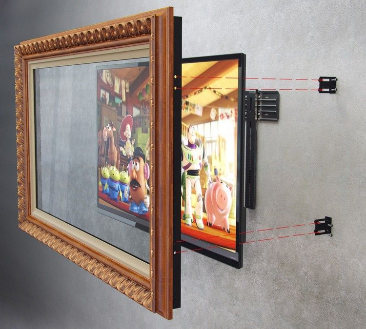 Hängande platt -TV på väggen - tavelram - väggfäste i trä