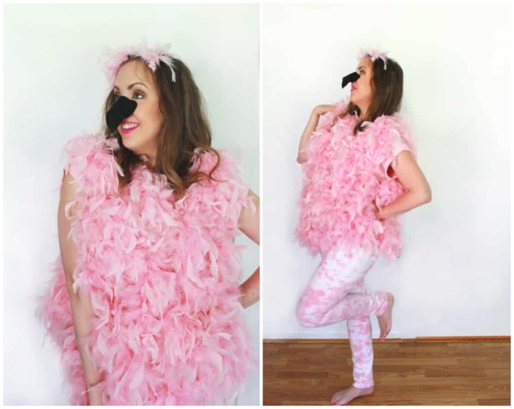 Hemmagjord flamingokostym för kvinnor av rosa fjäderboa