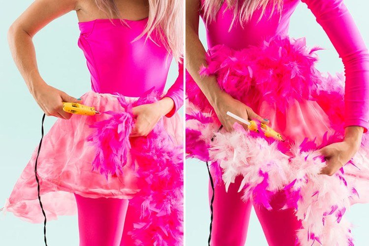 Flamingokostym för kvinnor för karneval själv, stick en fjäderboa på bågkjolen