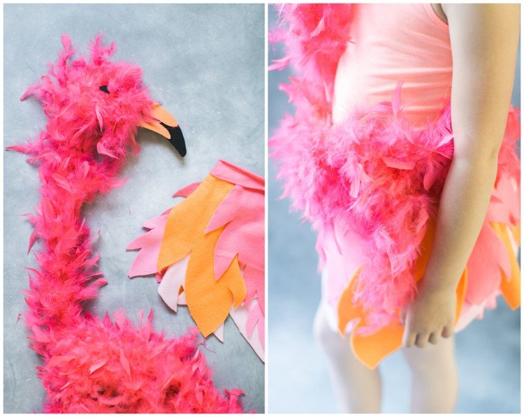 Flamingokostym för barn av filt och fjäderboa