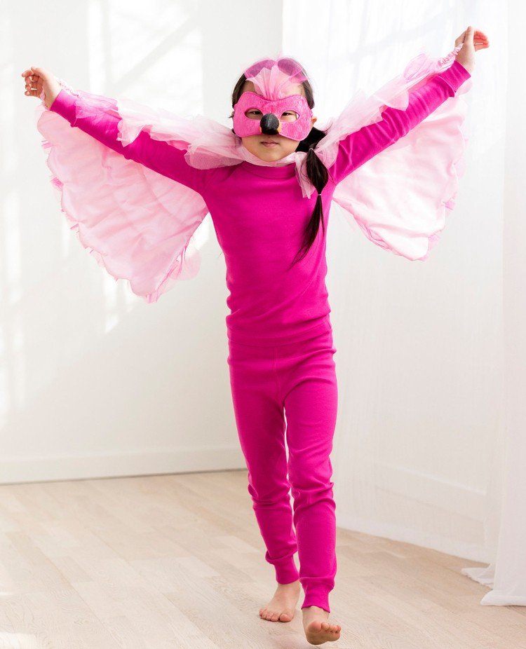 Flamingokostym för barn i rosa pyjamaskapp med krusiduller och mask