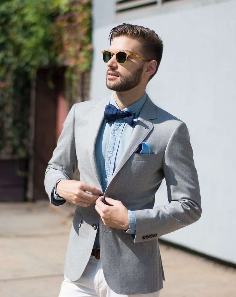 knyta rätt kombination välj matchande rosettdräkt look snygg grå blazer knapp denimskjorta solglasögon