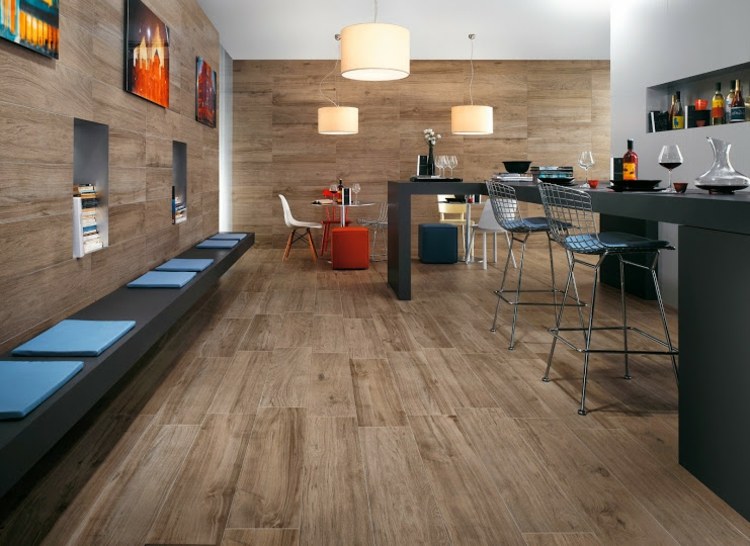 Kakel trä look vardagsrum / kök matsal idéer modern golvläggning