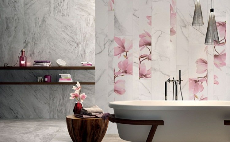 kakel sten ser högsta lyxiga marmor vita blommor motiv romantik badrum