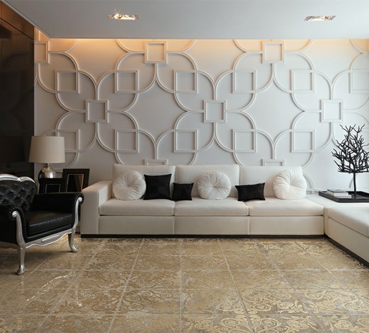 sten ser plattor dynasti mönster guld vägg design idé soffa vit