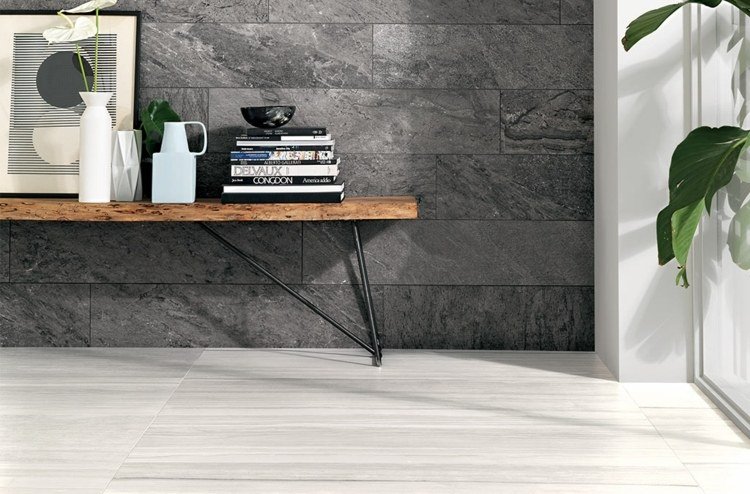 kakel sten look sten mix grå sidobord modernt industriellt golv vitt