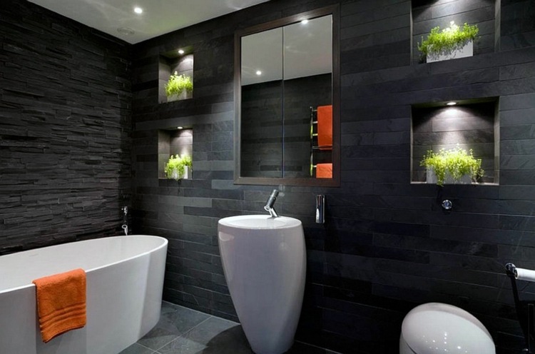 badrum svartvita minimalistiska växter kakelfärgade handfat