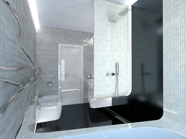 ljusa svartvita badrum moderna grå svart mosaik idéer