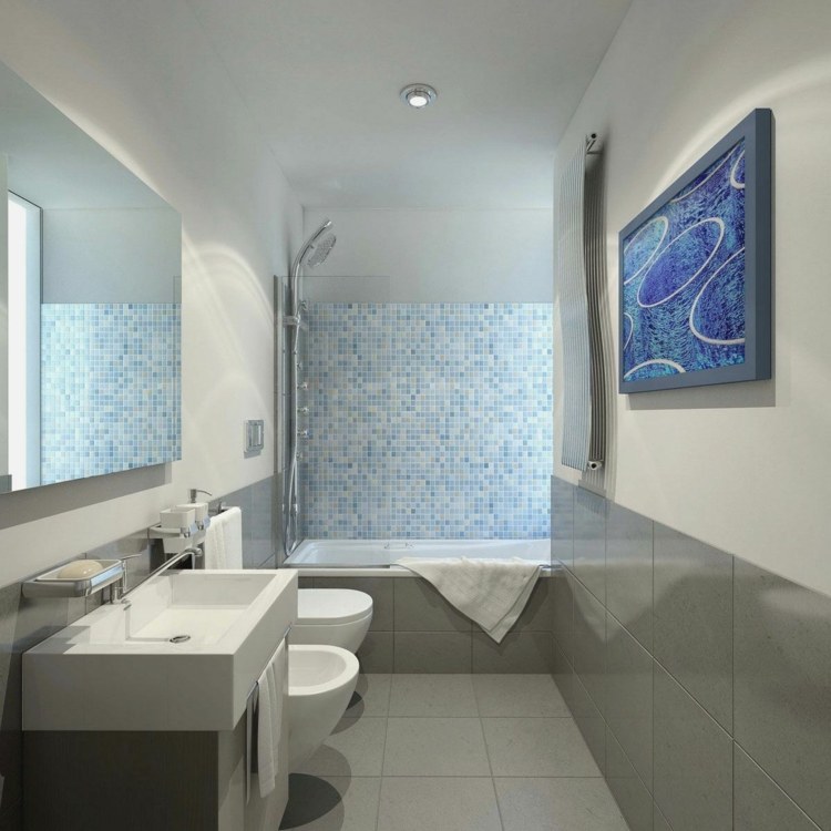 monokrom badrum kakel färger grå ljusblå mosaik accent