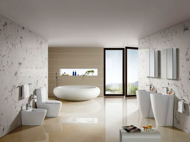 enkel design badrum beige högglans kakel färg marmor vit